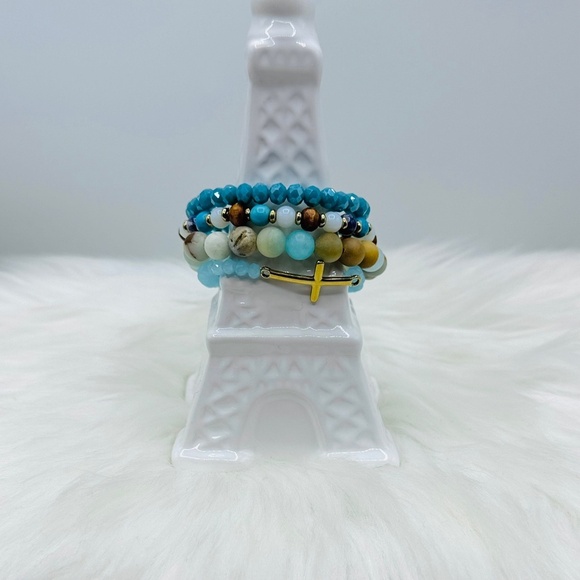 Stainless Steel Cross beaded Arm Candy  Bracelet -  Blue theme - Picture 3 of 7